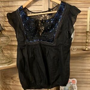Black and Blue Sequin Lace Embellished Cotton Blouse with Flutter  Sleeves xs